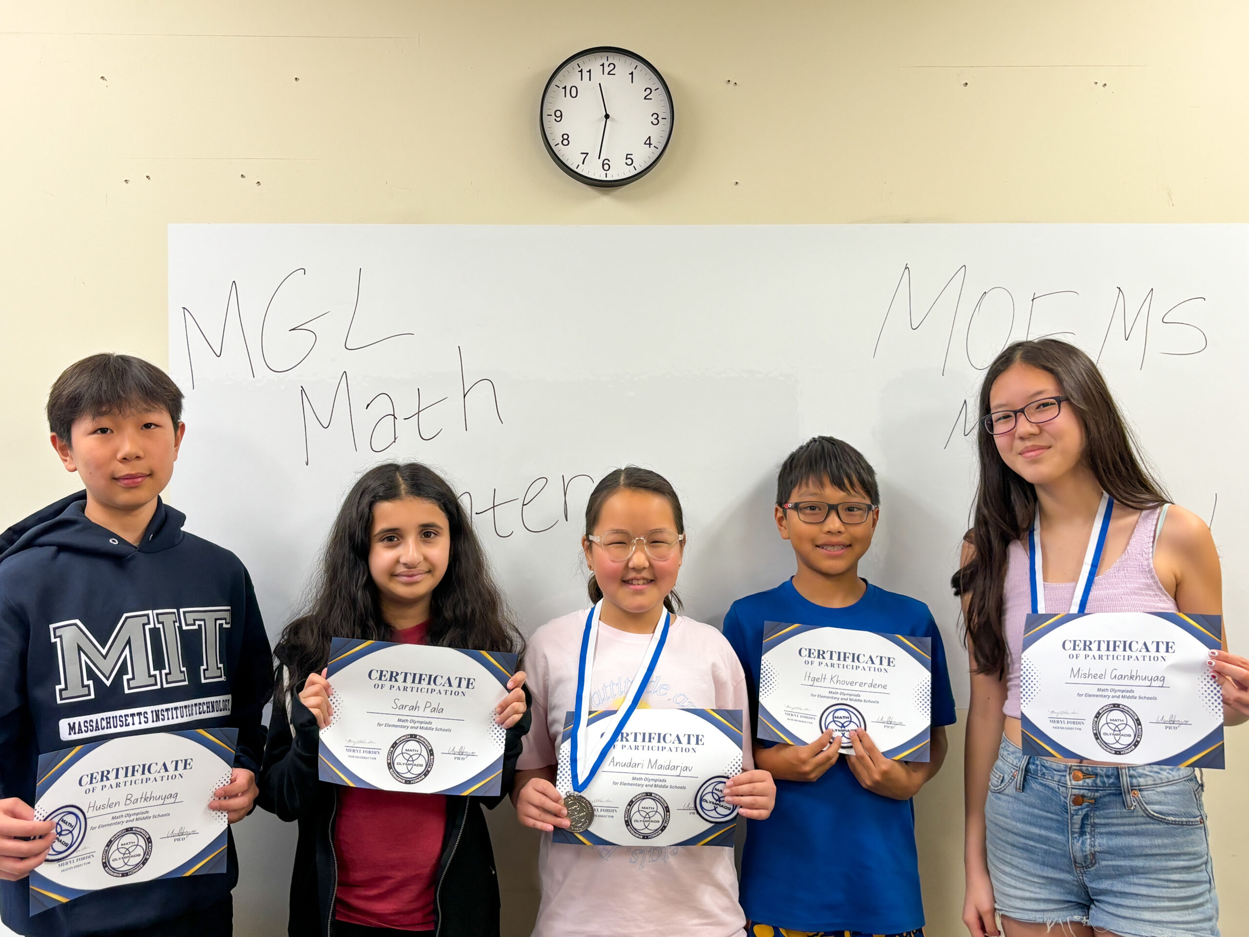 Students with math competition certificates.