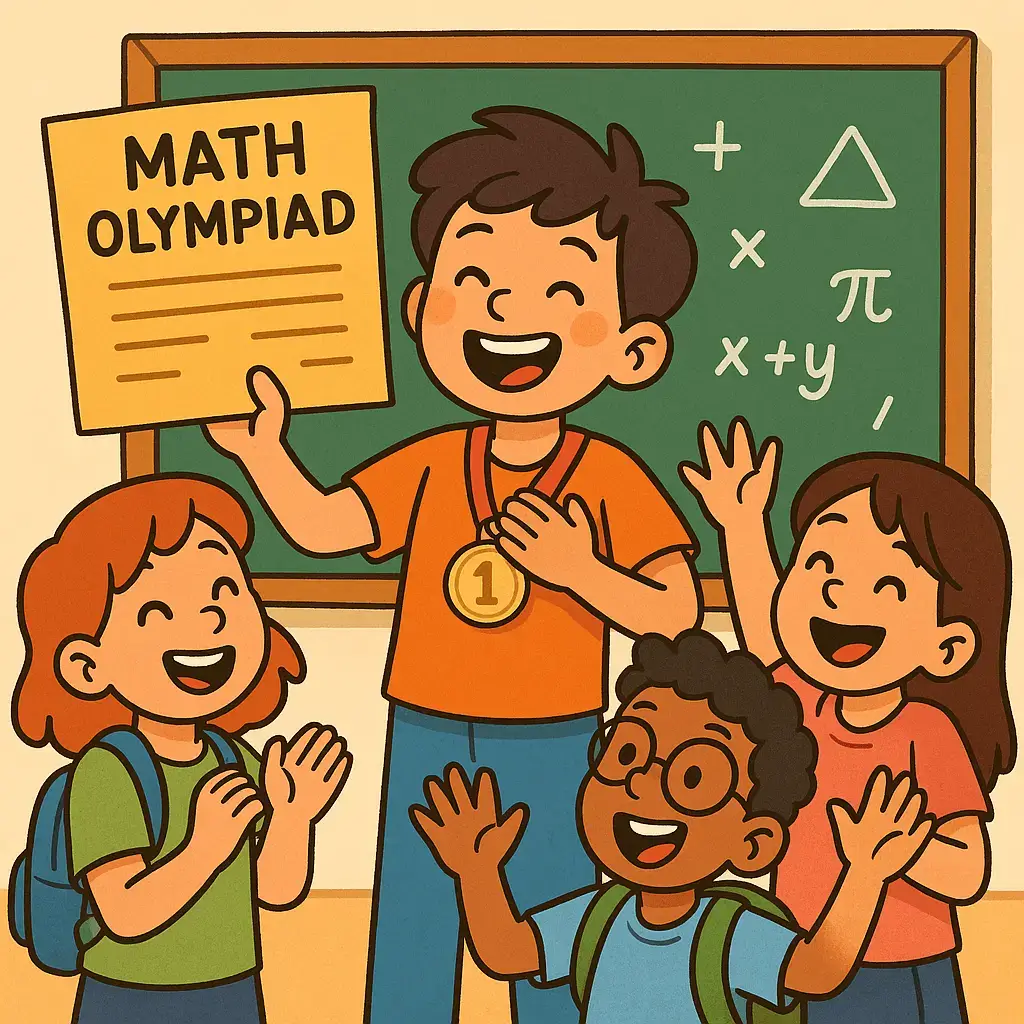 Children celebrate Math Olympiad victory.
