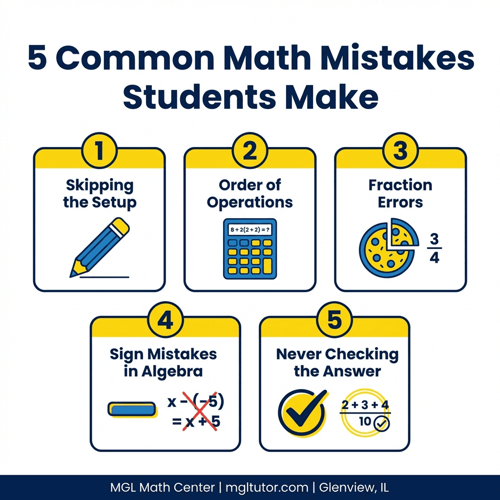 Top 5 math mistakes students make infographic.