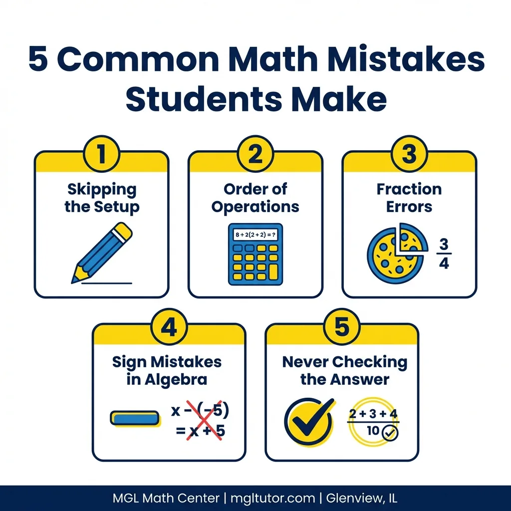 Top 5 math mistakes students make infographic.